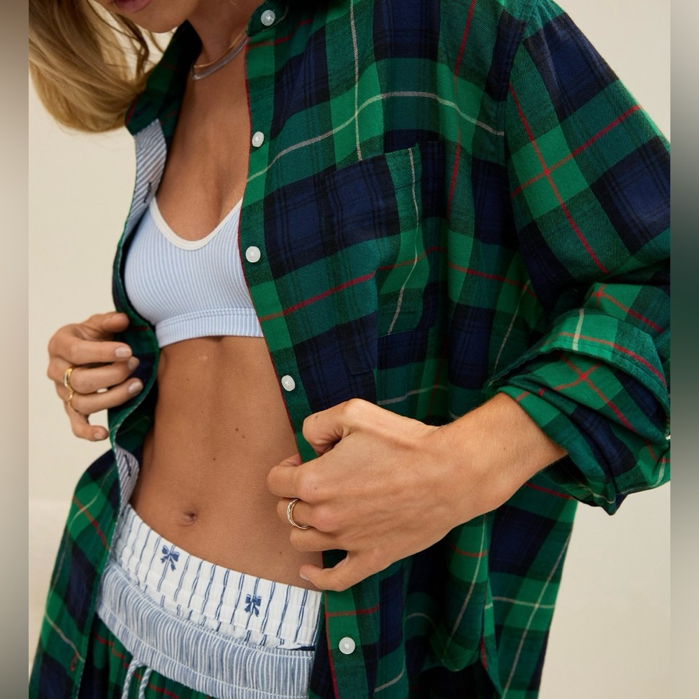 Aerie NWT Flannel PJ Top, Everglade, Green and Blue Plaid, Best Seller